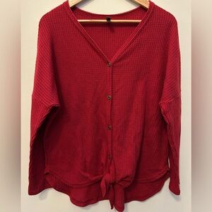 Red Button-Up Waffle Knit Cardigan
